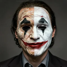a man in a mime mask : left - half a rotten, right - half a cheerful face, fine details, realistic shaded lighting poster by greg rutkowski, magali villeneuve, artgerm, jeremy lipkin and michael garmash and rob rey
