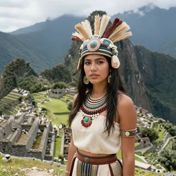 young aztec queen wearing headdress posing for a portrait photo in machu picchu