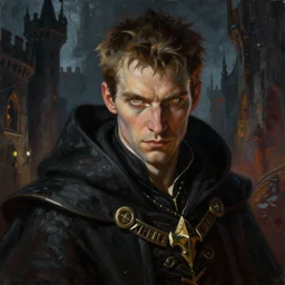 a highly detailed painting of a male sorcerer with piercing eyes in dimly lit castle setting, dynamic lighting, ambient lighting, deviantart, art by artgerm and karol bak and mark brooks