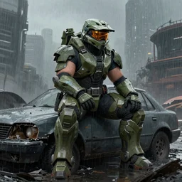 character portrait of a big beefy bulky woman in halo spartan armor sitting on top of a broken car in a desolate cyberpunk wasteland city, 8 k, realistic shading, concept art, digital painting, illustration, matte painting, moody lighting, sharp focus, minimal artifacts, wet, heavy rain, rainstorm