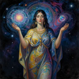 a shaman woman spirit holding up the cosmic universe, by remedios varo, reflection, symbolist, magic colors, dramatic lighting, smooth, sharp focus, extremely detailed, aesthetically pleasing composition