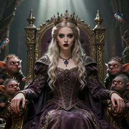 highly detailed closeup portrait of a goth fairytale medieval princess wearing a crown and sitting on a throne, surrounded by cute medieval goblins, unreal engine, nicoletta ceccoli, mark ryden, earl norem, lostfish, global illumination, god rays, detailed and intricate environment