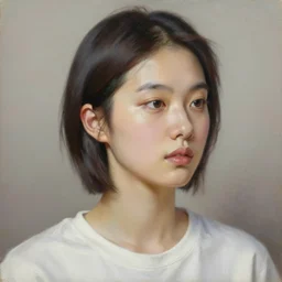 beautiful realistic hyperrealist oil painting portrait stunning professional close up head shot of a beautiful korean actress with short hair wearing a white t - shirt age 3 5 looking to the right, painted by richard estes and philip pearlstein, hyperrealistic oil painting spectacular detail trending on artstation 8 k