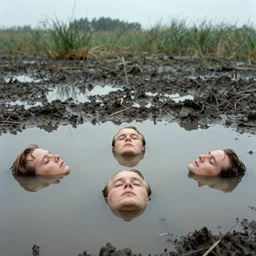movie still by tarkovsky of heads that are floating in a mud pond, swamp backround, cinestill 8 0 0 t 3 5 mm b & w, heavy grain, high quality, noir, natural textures, photorealistic, ambient occlusion, hd, ultra wide lens, anamorphic, eyes
