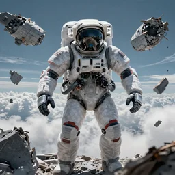 front-facing portrait of a mecha astronaut entering heaven with a broken air ship, cinematic lighting, epic