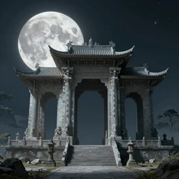 concept art a portal temple of the moon, on a hkll, night, glowing moon, cinematic