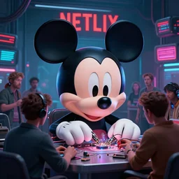 the cyber head of mickey mouse which repairing by a group of people in hangar room, a netflix logo on the background, cyberpunk art by greg rutkowski, cgsociety, tranding on artstation, retrofuturism, concept art, neon light, 2 4 mm lens