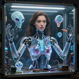 beauty woman in holograms, with robotic arms, of alien artifacts,  electrical case display, ultrarealistic, dramatic lighting, backlit, three point lighting, cables and wires, electrical details, high details, 4k, 8k, best, accurate, trending on artstation, artstation, photorealism, ultrarealistic, digital painting, style of Caravaggio, Boris Vallejo