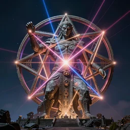 colossal god made of stone trapped in a 3 dimensional volumetric form of the sacred geometry of evil, made of lasers, cast across the night sky, 8 k, ultra realistic, lens flare, atmosphere, glow, detailed, intricate, full of colour, cinematic lighting, trending on artstation, 4 k, hyperrealistic, focused, extreme details, unreal engine 5, cinematic, masterpiece