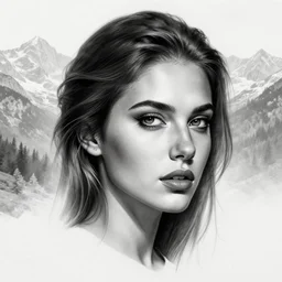 tattoo design sketch of a beautiful woman face with a faded background of beautiful mountains and nature on the side, hyper - realistic, in the style of den yakovlev, amazing detail, black and white