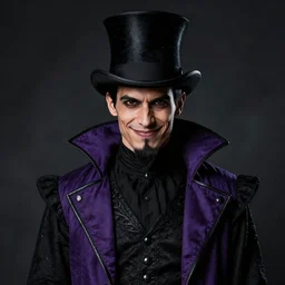 portrait, a puerto rican man wearing purple and black ringmaster attire, nefarious smirk, slender, young adult in his early 3 0 s, black hair, medieval, black top hat, pencil - thin goatee, villain, style by donato giancola, wayne reynolds, jeff easley dramatic light, high detail, cinematic lighting, artstation, dungeons and dragons