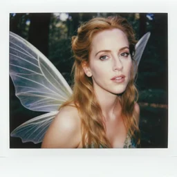 polaroid photographic closeup portrait of gillian anderson as a fairy, fairy wings in the forest