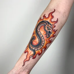 tattoo of an exploding ouroboros, on arm, studio photography