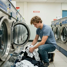 Prince sorting his laundry at his local launderette