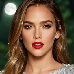 glowing silver and golden elements, full close - up portrait, jessica alba, book cover, green forest, white moon, red lips, establishing shot, extremly high detail, photo - realistic, cinematic lighting, pen and ink, intricate line drawings, by yoshitaka amano, ruan jia, kentaro miura, artgerm, post processed, concept art, artstation, matte painting, style by eddie mendoza, raphael lacoste, alex ross