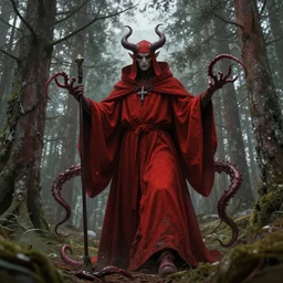 dark demon priest in red robes with tentacles in a swedish forest, very low angle photograph, very detailed, trending on artstation, realistic, soft colors, illustration by john bauer, simon stålenhag