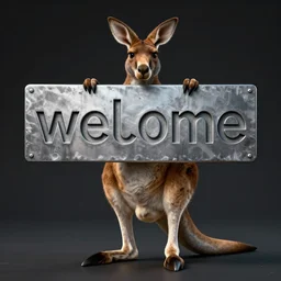 a kangaroo holding a sign made out of steel with the letters'w ','e ','l ','c ','o ','m ','e'carved on it, digital art