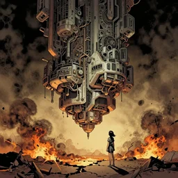 comic book illustration, a very tall structure hovers 10 feet above the ground, the ground below it is scorched and cracked and a young girl stands near it looking up at it, cyberpunk concept art by Moebius and Alphonse Mucha, highly detailed, intricate, sci-fi, sharp focus, Trending on Artstation HQ, deviantart