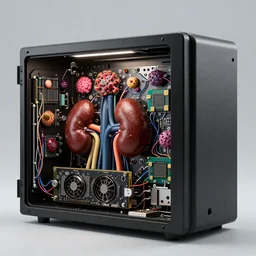 Techno-biological meat personal computer in standard case with panel removed. Tumors, kidneys, graphics card, processor, wires. Biopunk, side view, high detail