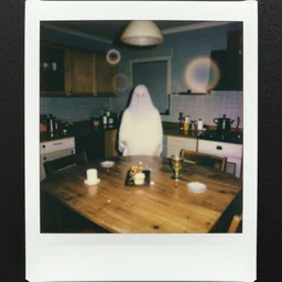 a 1 9 8 5 color polaroid of a seance at a kitchen table captures the image of a ghostly apparition in the background, paranormal evidence, aged photo, orbs, backscatter, authentic