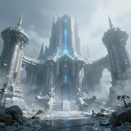 3d rendering of fantasy frozen abandoned sci-fi temple, foggy atmosphere, volumetric lighting, fantasy artwork, very beautiful scenery, very realistic painting effect, hd, hdr, unreal engine 5, cinematic 4k wallpaper, 8k, ultra detailed, high resolution, artstation