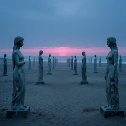 a long detailed beach scattered with dozens of towering statues of women with pink light on the horizon by roger dean, edward hopper, zdzislaw beksinski highly detailed, 8 k, blue, bleak,