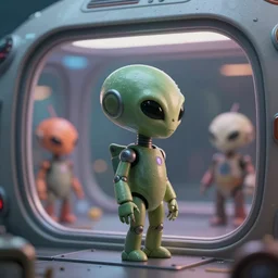 closeup profile photo of cute alien robots inside a retro flying saucer with large windows, photography 4 k, full body, f 1. 8 anamorphic, bokeh, 4 k, canon, nikon nicoletta ceccoli, mark ryden, lostfish