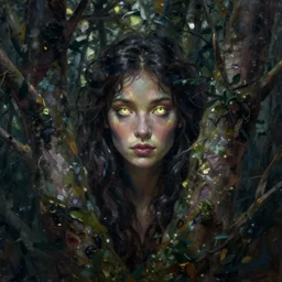 Mavka, the mythological spirit of the forest, hiding behind trees in the dark, glowing eyes, oil painting, dramatic lighting, smooth, sharp focus, extremely detailed, exquisite