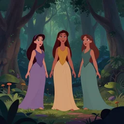 full body shot of the three fates, forest clearing, cel shaded vector art, toon shading, behance, hd, by ilias kyriazis, disney animation still