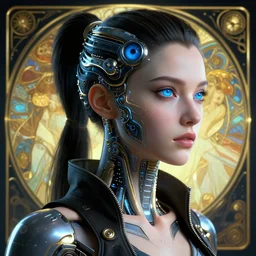 cyberpunk full shot, looking right 4 5 degree shot, very detailed, cgsociety, artstation, female, clean, symmetry, blue eyes, nice clothing, intricate, impossible beauty, golden ratio, eye implant bionic, ponytail, staring in the void, art by krenz cushart and artem demura and alphonse mucha