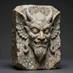 polished hewn rectangular granite rock with a demon face, wings sprouting from the back, fantasy, style of seb mckinnon