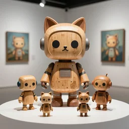 ultra realistic 8k octan photo, collection wooden art toys on stand, very cute robot zen with cat ear cyberpunk , in a contemporary art gallery