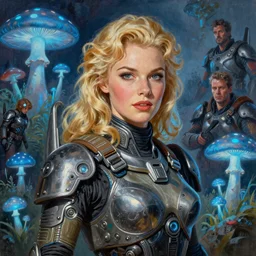 A mixed media portrait painting of a beautiful blonde woman, soldier, futuristic sci-fi armored one-piece, glowing blue mushrooms in mire, detailed Aesthetic! face and eyes, slavic, by Beeple, Frank Frazetta, Greg Rutkowski, Christian MacNevin, Boris Vallejo, epic fantasy character art, high fantasy, CGsociety, 60's Sci-fi Pinup, exquisite detail, post-processing, masterpiece, cinematic, crysis