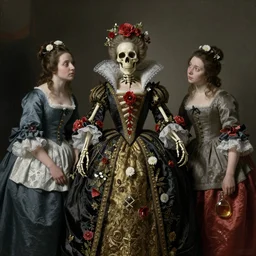 a skeleton Queen, two unhappy servant girls, red and white flowers, perfume, baroque, Dutch masters