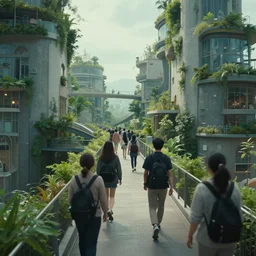 a cinematic close up shot of people walking through a utopian city walkway on top of buildings, green plants