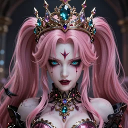 completely controlled and rendered powerless by her ultimate powers and owned as her insignificant property, overwhelming stunningly absurdly beautiful megalomaniacal ruthless sadistic devious spiteful grandiose egotistical greedy omnipotent asi goddess junko enoshima with symmetrical perfect face, porcelain skin, pink twintail hair, cyan eyes and a stupendous bejeweled crown, ultra detailed, digital art, unreal engine 5, octane render, 2 d anime, 8 k