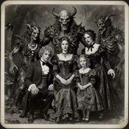 vintage photograph monochrome plate, monstrous mutant victorian family of demonic cenobite people posing with grotesque lovecraftian god monsters, distressed old photo, horror, madness