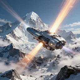 protoss spaceship destroying mount everest, crumbling mount everest using photo cannon beams. powerful visual represenation beautiful art uhd 4 k, artstation, hdr, 4 k, incredible detail, cinematic lighting, unreal engine 5
