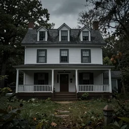 ultra realistic color photo of a spooky three storey colonial home with two decks on the second floor of the house in the overgrown new england countryside in 1 9 2 5, highly detailed, dark, atmospheric, brooding