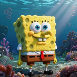 beautiful undersea landscape with spongebob showing very sharp teeth, global illumination, volumetric shadows, volumetric lighting,