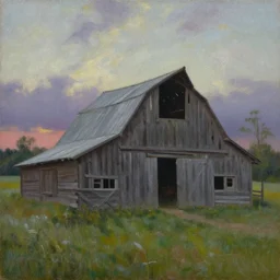 a painting of an old haunted empty barn in summer evening, by peteris kalve, oil on canvas