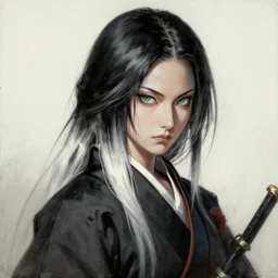 painting by krenz cushart!!, full body of a samurai woman with sidecut black and white gradient hair and detailed green eyes, stern look, finely detailed features, intricate brush strokes, beautiful lighting, trending on pixiv fanbox.