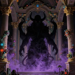 a silhouette of a cthulhu in baroque neoclassicist halls overgrown with colorful otherworldly technology. close - up view, detailed textures. glowing purple fog, dark black background. highly detailed fantasy science fiction painting by moebius, norman rockwell, frank frazetta, and syd mead. rich colors, high contrast
