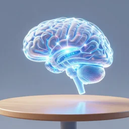 illustration of holographic map of neural network of human brain with artificial neural implant floating over table, unreal engine