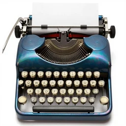 iridescent antique typewriter, high detail macro photography, isolated on a pure white background, centered, entire object in frame, sharp focus, soft studio lighting
