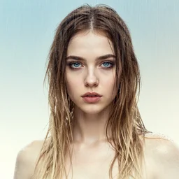 highly detailed portrait of cyber girl, raining, by atey ghailan, by greg rutkowski, by greg tocchini, by james gilleard, by joe fenton, by kaethe butcher, gradient light blue, brown, blonde cream and white color scheme, grunge aesthetic