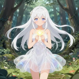 full body cute bombshell anime waifu woman with white floating hair, translucent white magical girl dress. holding tiny glowing star. isekai enchanted forest, symmetrical face. symmetrical detailed defined eyes. beautiful lineart. pixiv # 1 ranking depth of focus, chromatic aberration, noise, color correct, srgb, 4 k,