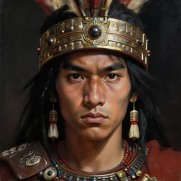a young aztec warrior, close up, portrait, sinister atmospheric lighting. highly detailed painting by greg rutkowski, anime style