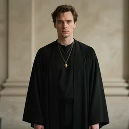 patrick bateman wearing black robe and golden necklace cinematic photoshoot high quality highly affordable photo realistic 8 k hd