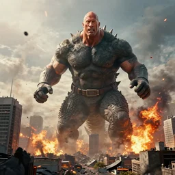 a giant dwayne johnson kaiju attacking a city. photorealistic, cinematic, highly realistic render, wide view, wide angle, 8 k, apocalyptic, destruction, explosions, fires, smoke